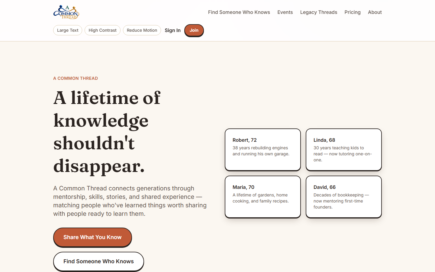 A Common Thread landing page featuring mentor profiles