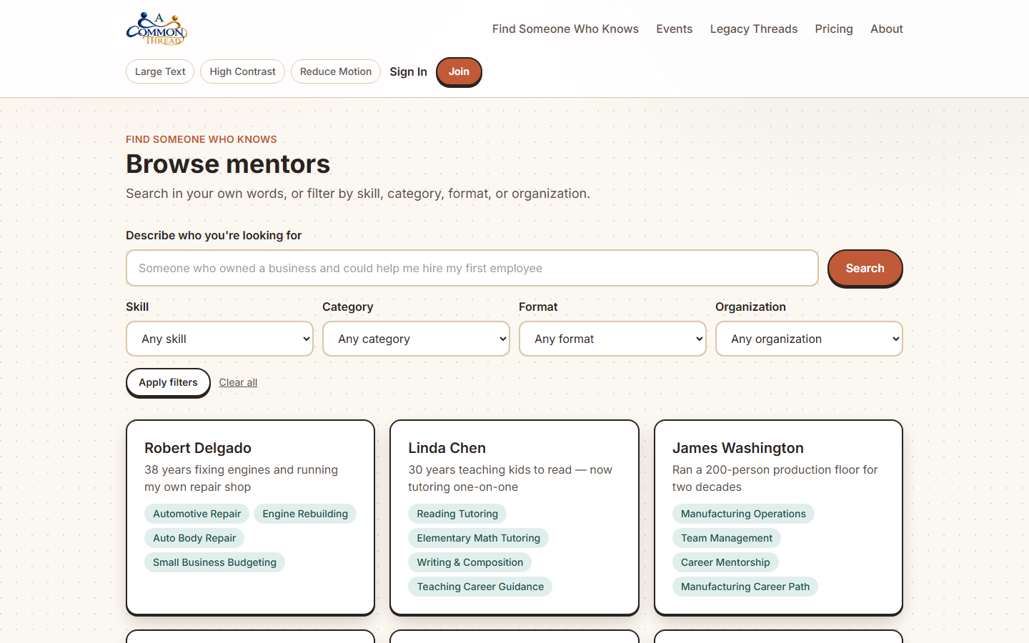 A Common Thread mentor discovery page with search and filters