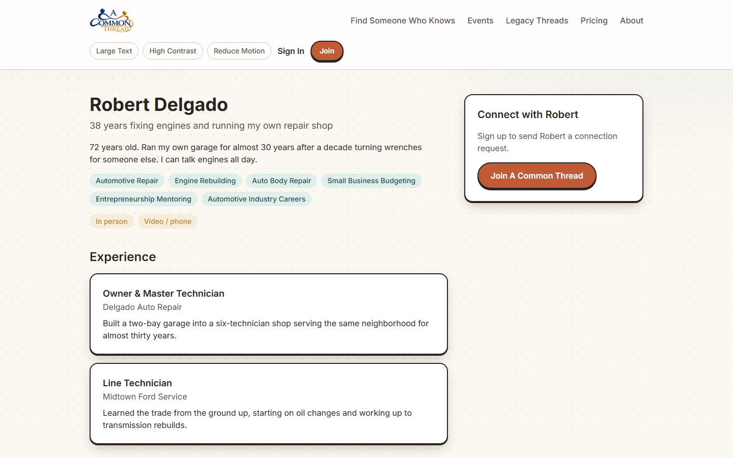 A Common Thread mentor profile page showing experience and a connect option