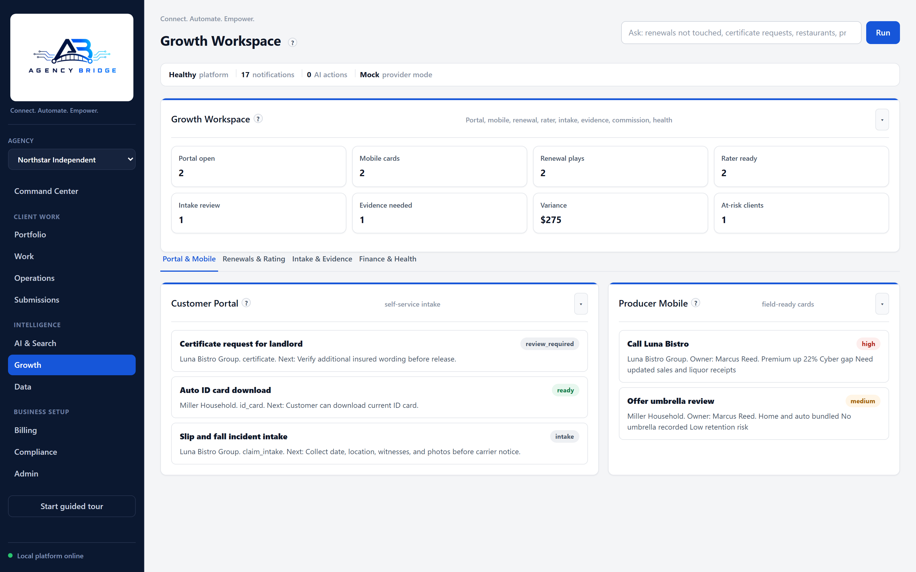 Agency Bridge growth workspace showing customer portal, producer mobile, renewals, and intake in one view