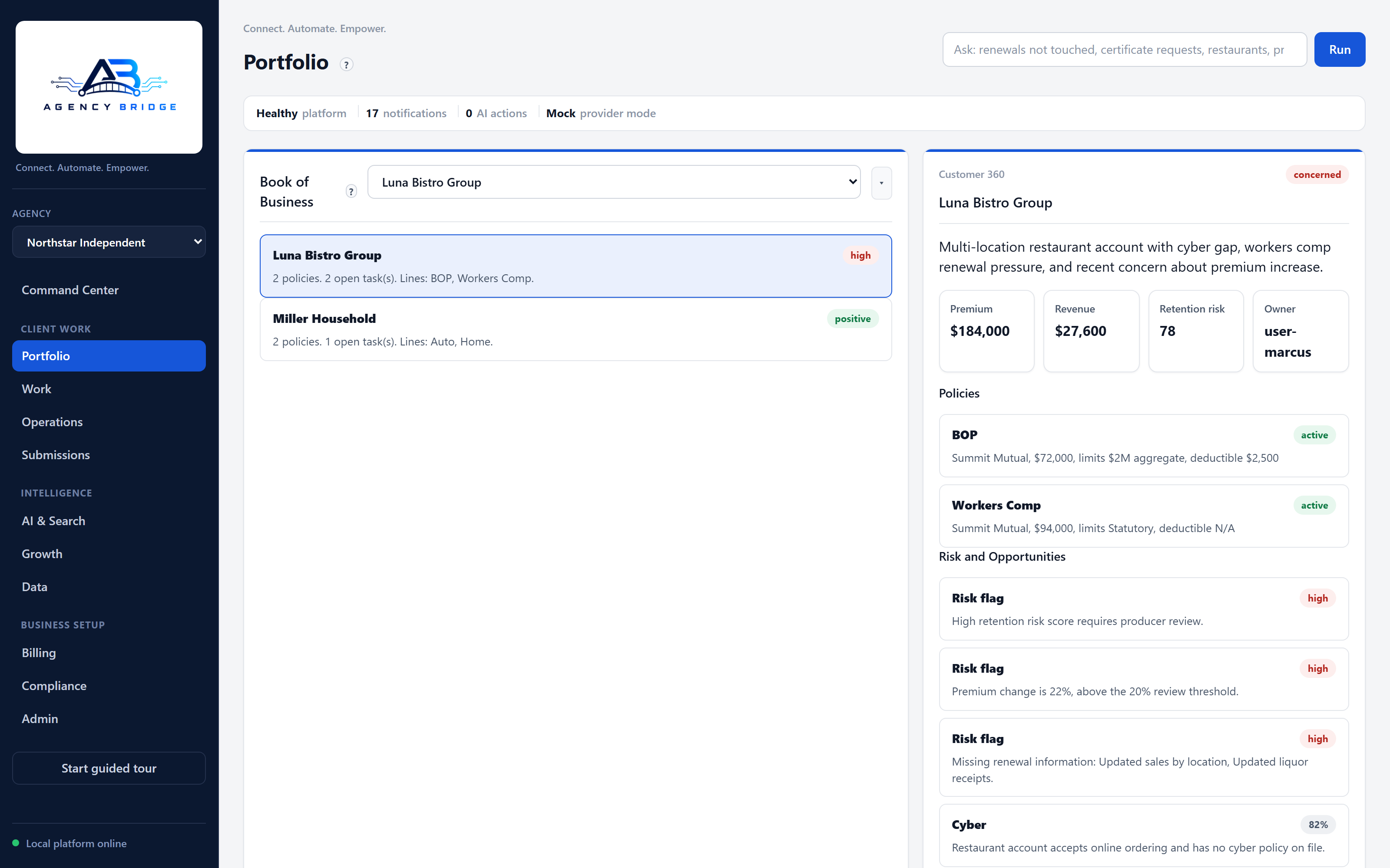 Agency Bridge portfolio view with a Customer 360 panel showing an account's policies, premium, and risk flags