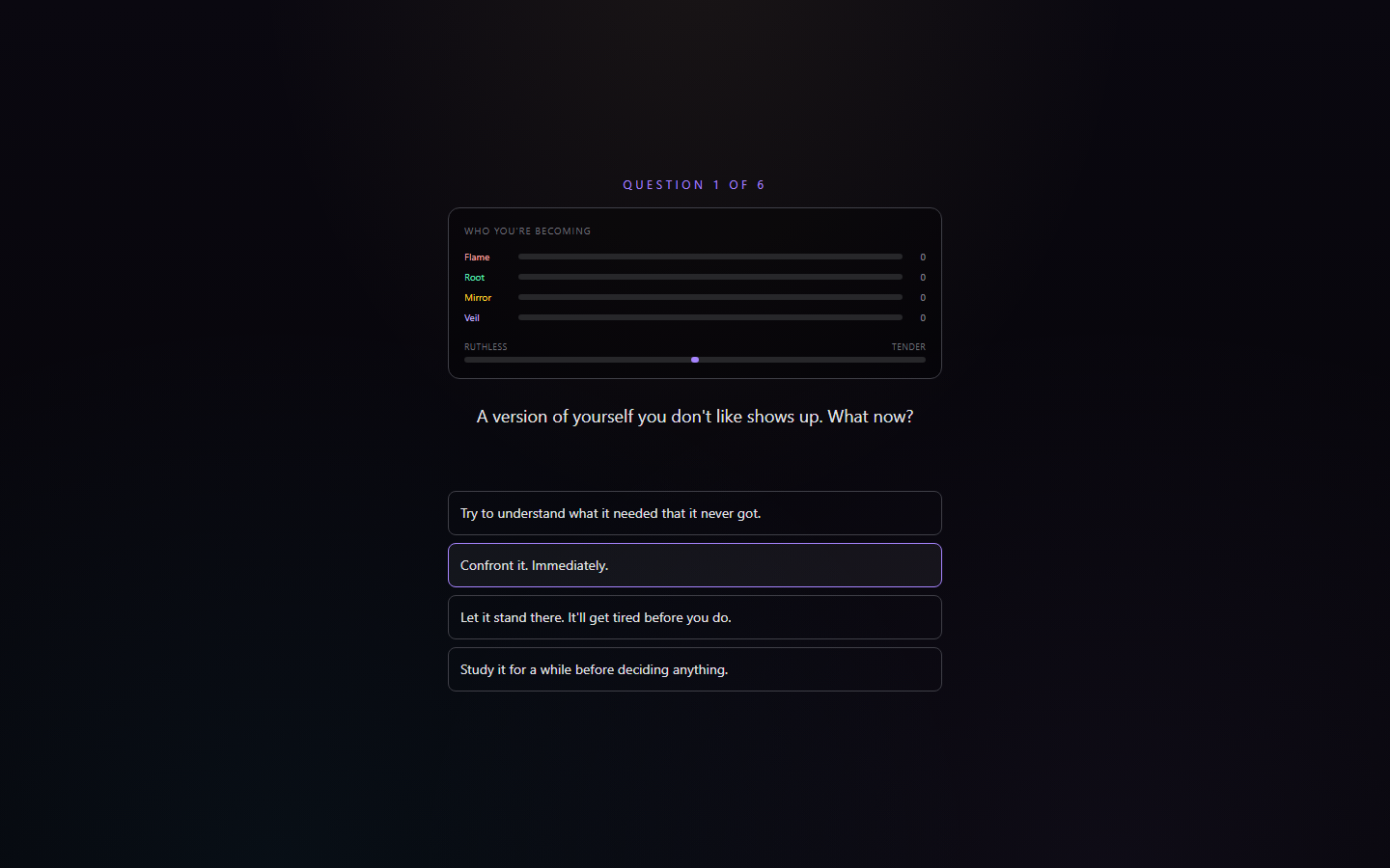 EIDOLON's Who You're Becoming choice screen, tracking the player's archetype