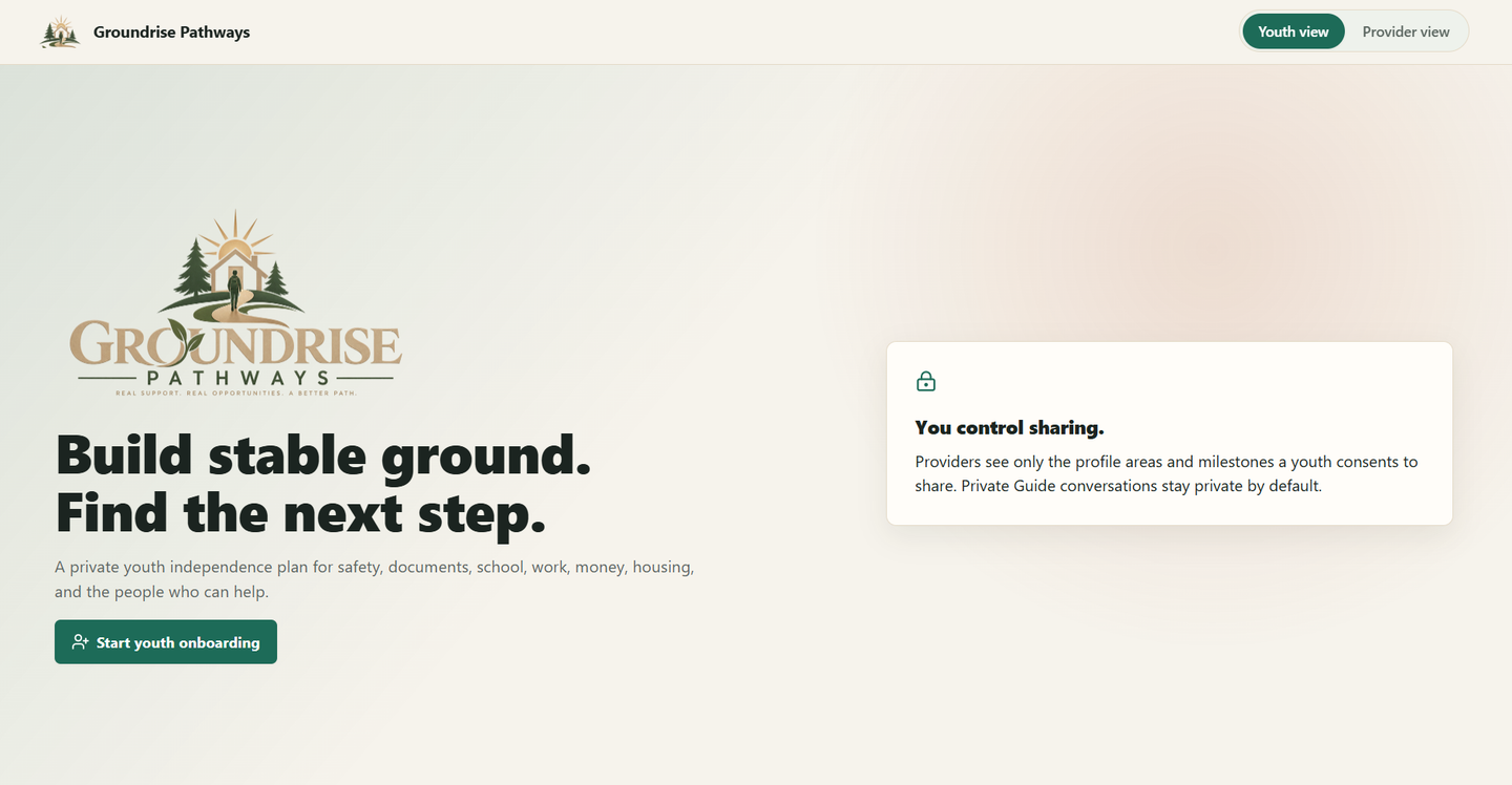 Groundrise Pathways landing page with youth view and provider view options