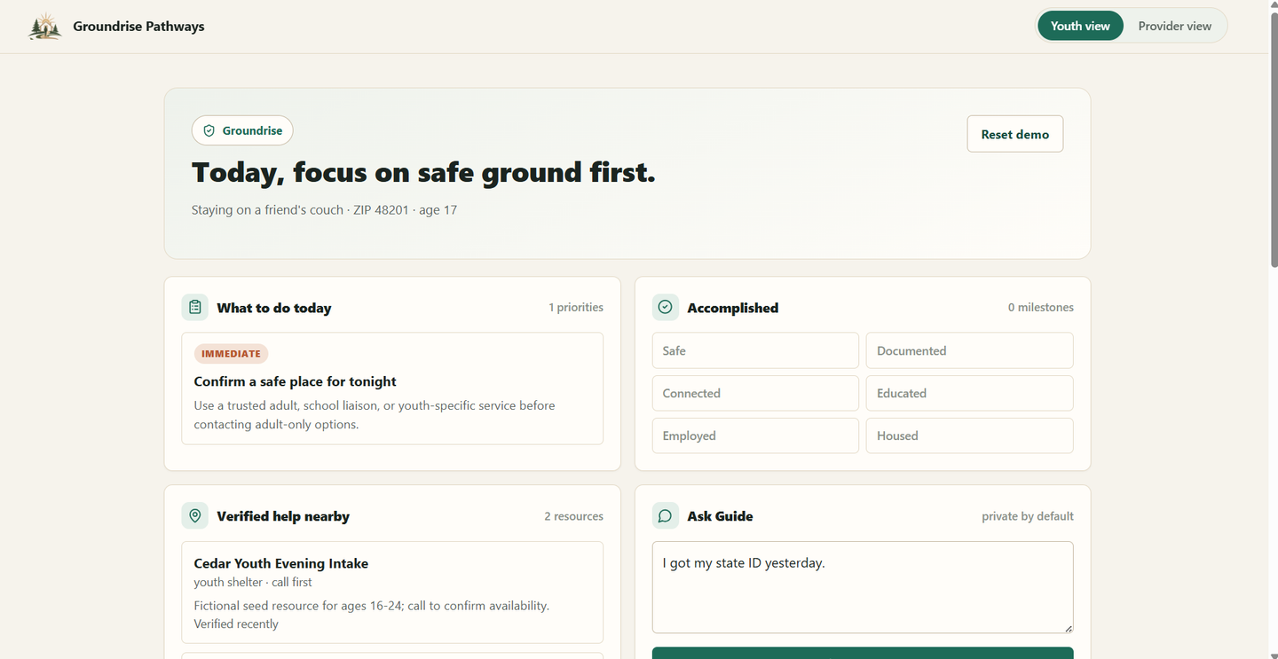 Groundrise Pathways youth dashboard with today's priorities, verified nearby help, and a private guide